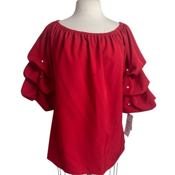 Elegant Red Women's Top Prelude XL off the shoulder ruched sleeves - Picture 3 of 10